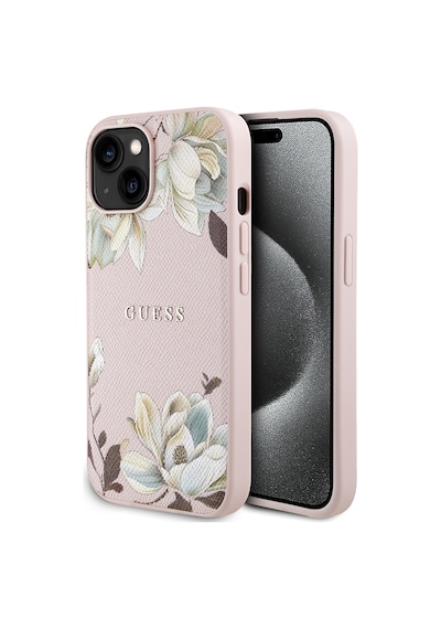 Apple Uyumlu iPhone 15 Kılıf Guess Lisanslı M-safe Özellikli Taneli Çiçek Tasarımlı Metal Yazı Logolu Kapak Pembe