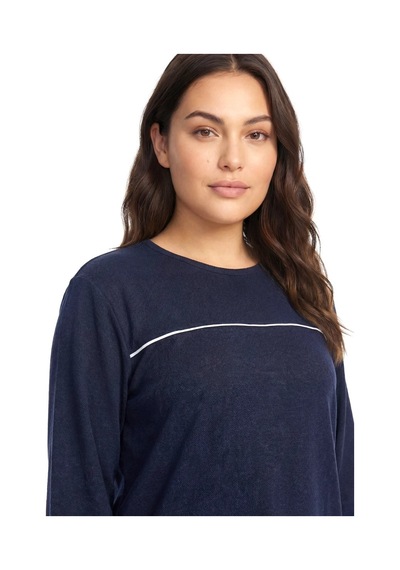 Najmaddin.com Beru Kadın Büyük Beden Lacivert Uzun Kollu Pijama Takımı Şerit Detaylı Rahat Ev Giyim Seti