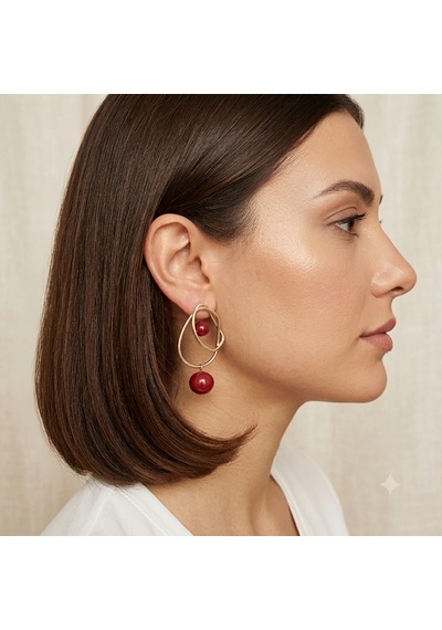 Rhea Jewelry Çelik Geometrik Kırmızı Boncuklu Sallantılı Kadın Küpe Gold 7 Cm Altın - Kırmızı