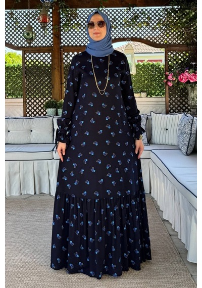 Rabia Şamlı Gül Mavi Çiçekli Elbise Normal