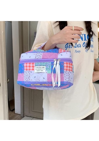 Kapitone Patchwork Desenli Büyük Boy Makyaj Ve Kozmetik Çantası / Seyahat Tipi Organizer - 25x16x16 Cm
