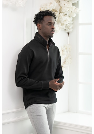 San&Fa Regular Fit Biyeli Fermuarlı Dik Yaka Armürlü Pamuklu Sweatshirt Siyah