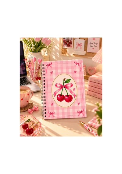 Fiyonklu Kirazlı A5 Spiralli Hard Cover Kapak Defter 80 Yaprak-160 Sayfa Pembe