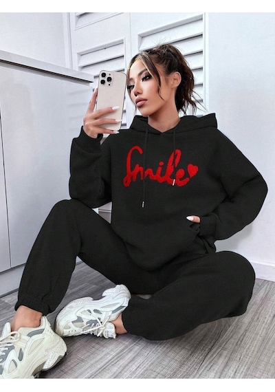 Smile Eşofman Takımı Sweatshirt Jogger - Siyah Baskılı Oversize Şardonlu Kapüşonlu Siyah