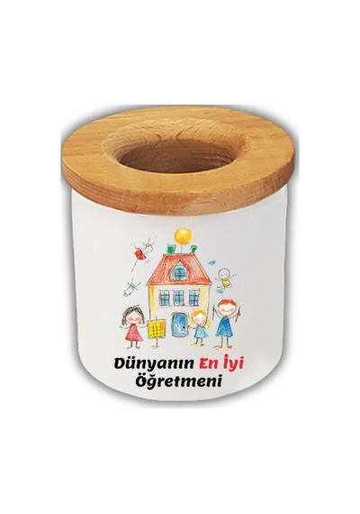 Okul Teması Baskılı Masaüstü Kalemlik Öğretmenler Günü Hediyesi Beyaz