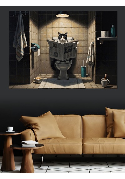 Gazete Okuyan Kedi Banyo Tablosu Dekoratif Kanvas - Mdf Ahşap Tablo