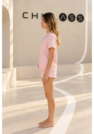 Chıllass Kadın Pamuklu Kısa Kollu Şortlu Pijama Takımı Önden Düğmeli Pembe Pembe