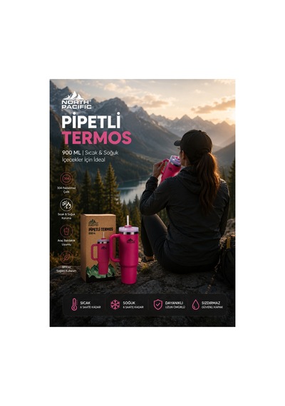 North Pacific 900 Ml Pipetli Paslanmaz Çelik Termos Bardak Pembe Çift Katmanlı Vakumlu Seyahat Kupası Pembe