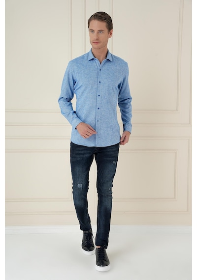 Efor Slim Fit Dokulu %100 Pamuk Mavi Gömlek G 1584 Mavi