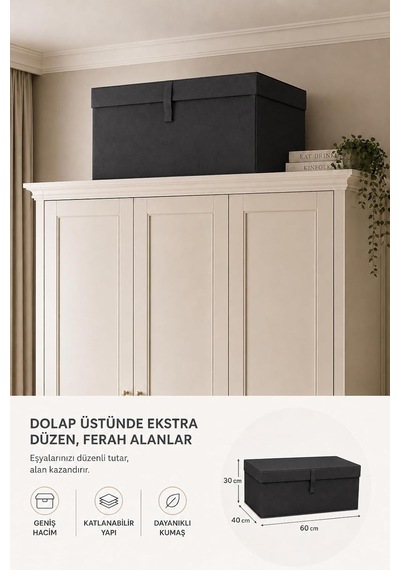 Tr Çok Amaçlı Saklama Kutusu Düzenleyici Kapaklı Sandık Tipi Kutu Hurç Organizer 3 Lü Set Antrasit, Mega 60x40x Genel