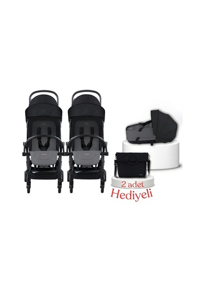 Bumprider Connect³ İkiz Bebek Arabası Ve Portbebe Seti Black & Grey Melange Yan Bakım Çantası Hediyeli