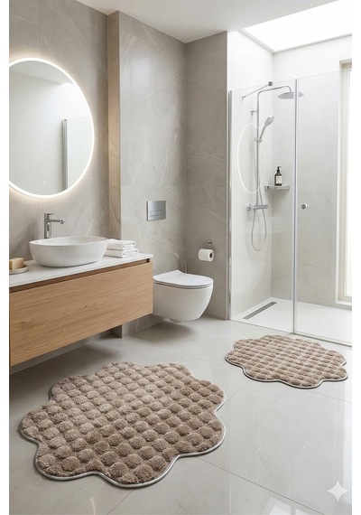 Bubble Papatya Banyo Paspası 2'li Set Pofuduk Yumuşak Peluş Kaymaz Taban Dekoratif Banyo Halısı Kum