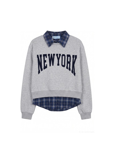 Quzu Ekose Garnili New York Yazılı Oversize Sweatshirt Grimelanj