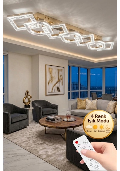 LumiaLighting Lucia Model 7"li Gold 3 Renk Modu Yemek Masası Oturma Çocuk Yatak Odası Modern Ledli Avize Altın