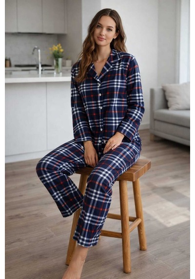 Tenra Kadın Pijama Takımı Boydan Düğmeli Likralı Viskos Kumaş Lacivert