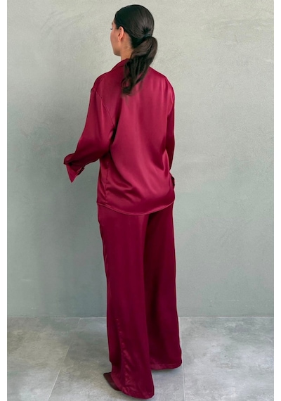 Madmext Bordo Saten Gömlek Pantolon Takım Mg2745
