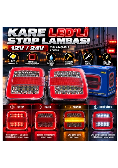 2'li Set 12v-24v Uyumlu Neon Led'li Kare Stop Lambası Fonksiyonel Stop Park Sinyal Geri Vites Kamyonet Kamyon Römork Uyumlu