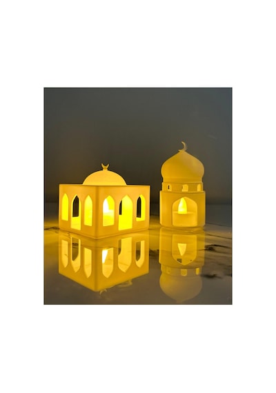 Ramazan Temalı Cami Minare Mescit Kubbe Figürü İkili Set Işıklı Pilli Mumluk Ev Aksesuarları Beyaz