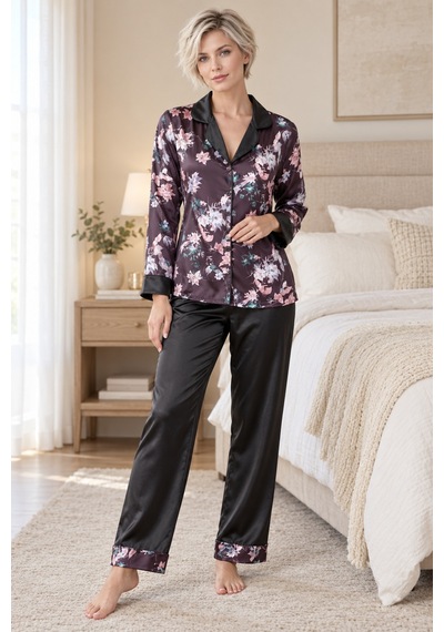 Loule Kadın Siyah Çiçekli Gömlekli Saten Pijama Takımı Uzun Kollu
