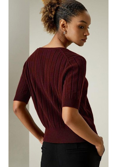 Bordo V Yaka Örgülü Kadın Triko Tişört Mg2369 Bordo