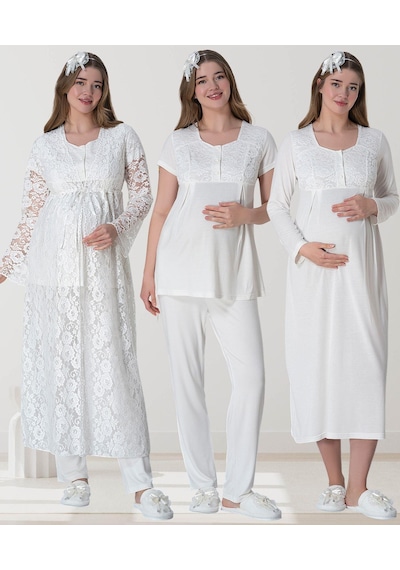 Mecit Pijama Mecit 6060 Ekru Dantel Sabahlıklı Gecelik Pijama Lohusa Set