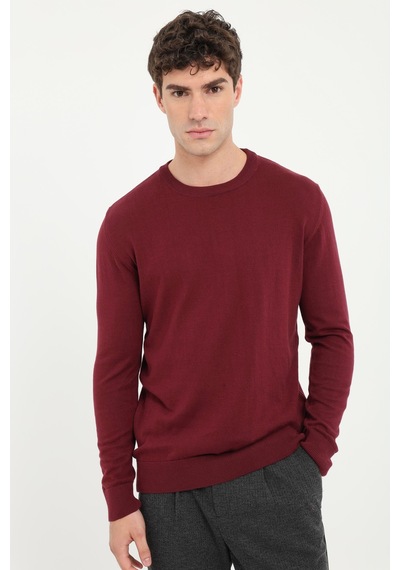 Dufy Bordo Bisiklet Yaka %100 Pamuk Düz Renk Slim Fit Erkek Triko-19177