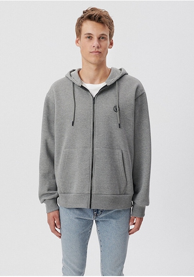 Erkek Mavi Logolu Kapüşonlu Fermuarlı Sweatshirt-gri Melanj Gri Melanj