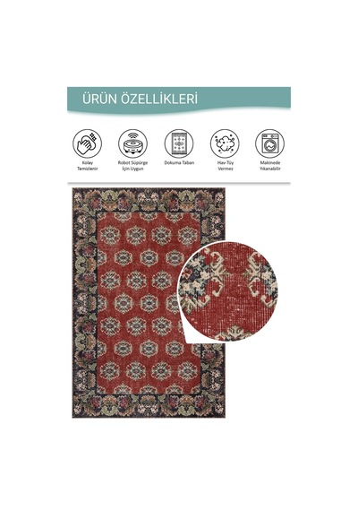 Artloop Relic Kırmızı Vintage Etnik Klasik Desenli Dokuma Tabanlı Şönil Halı Al 597