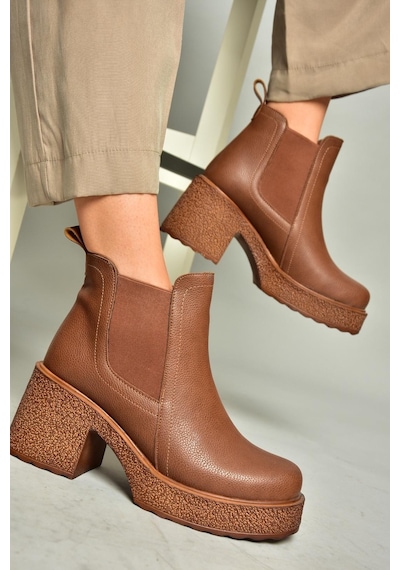 Fox Shoes T996220009 Taba Kalın Topuklu Kadın Bot Taba