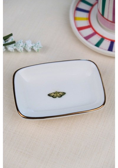 Tabak Evi Kelebek Altın Yaldızlı Dikdörtgen Kayık Tabak 10x7x2cm Tekli Çok Renkli