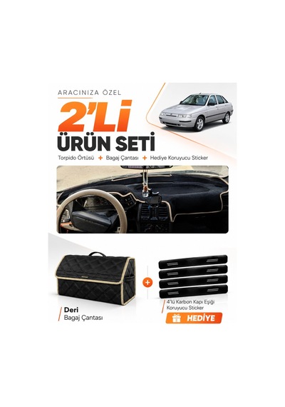 Lada Vega 1995-2007 Uyumlu Torpido Örtüsü + Deri Bagaj Çantası + Sticker Seti - Siyah Bej