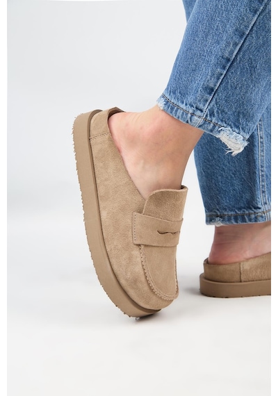 Manijero Ziva Kadın Hakiki Deri Loafer Platform Vizon Terlik