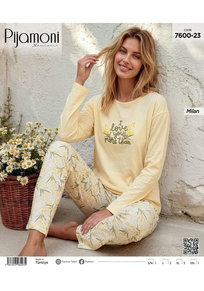 Pijamoni Kadın Milan Bisiklet Yaka Uzun Kol İnce Pijama Takımı 7600/23s - 1 Adet Sarı