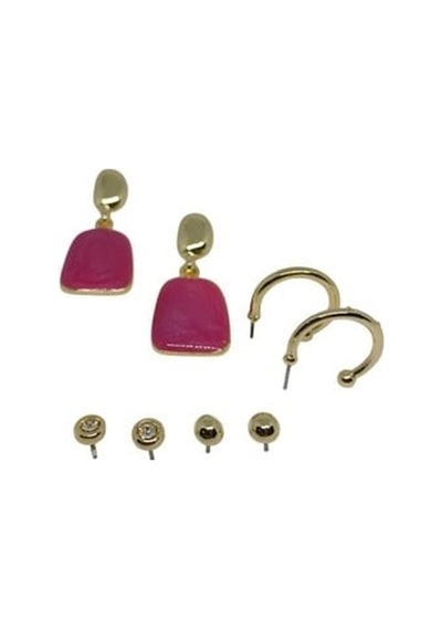 Gold Pembe Mineli Vidalı 4'lü Küpe Seti
