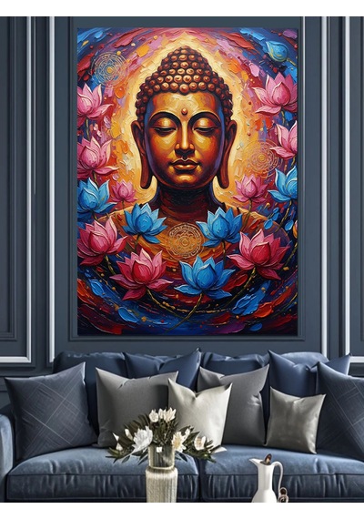 Ahşap Tablo Renkli Lotus Çiçekleri Ve Buda Heykeli Meditasyon Işık