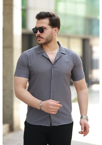 Etiler Collection Erkek Apaj Yaka Kısa Kollu Gömlek Antrasit
