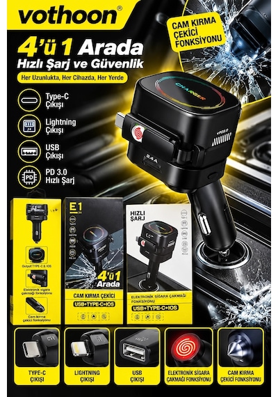 Zenvia 4 Ü 1 Arada 66w Araç Şarj Cihazı Çift Kablolu Araç İçi Çakmaklık Hızlı Şarj Cam Kırma Çakmak Öz
