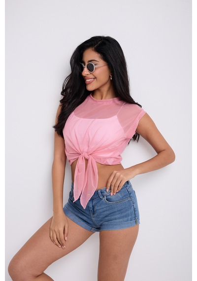 By Papi Önü Bağlamalı Tül Bluz Toz Pembe