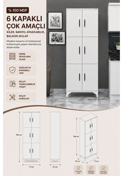 Renazzo %100 Mdf 6 Kapaklı Çok Amaçlı Kiler, Banyo, Ayakkabılık, Beyaz Renazzo %100 Mdf 6 Kapaklı Çok Amaçlı Kiler, Banyo, Ayakkabılık, Beyaz