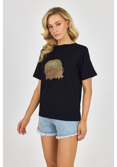 Yapay Zeka Tasarım Dijital Özel Baskılı %100 Pamuklu Penye Regular Fit T-shirt SIYAH