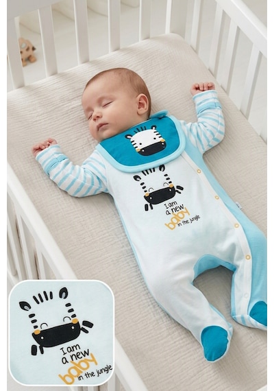 İmaj İmajbebe Zebra Desenli Kendinden Eldivenli 3'lü Bebek Takımı 0-3 Ay - 56 Cm Mavi
