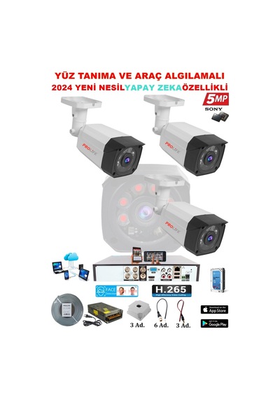 3 Kameralı Yapay Zeka Özellikli Yüz Tanıma ve Araç Algılamalı 5 Mp Kuruluma Hazır Kamera Seti