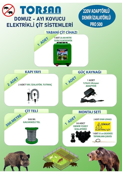 Torsan 220v Adaptörlü Pro Plus 500 Elektrikli Çit Sistemi Domuz - Ayı Kovucu 500mt