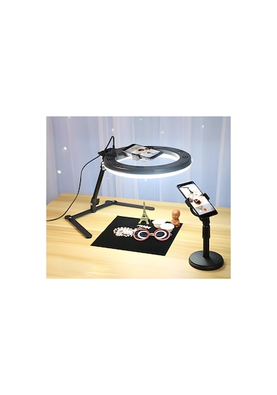 Smaylıng 10 İnç Üst Çekim Ring Light Işıklı Masaüstü Çekim Standı Telefon & Tablet Tutucu 3 Işık Modu Ayarlanabilir Yükseklik