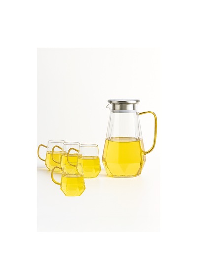 5 Parça Cam Sürahi Ve Bardak Seti Metal Kapaklı 1500 Ml Sürahi + 4 Adet 350 Ml Bardak