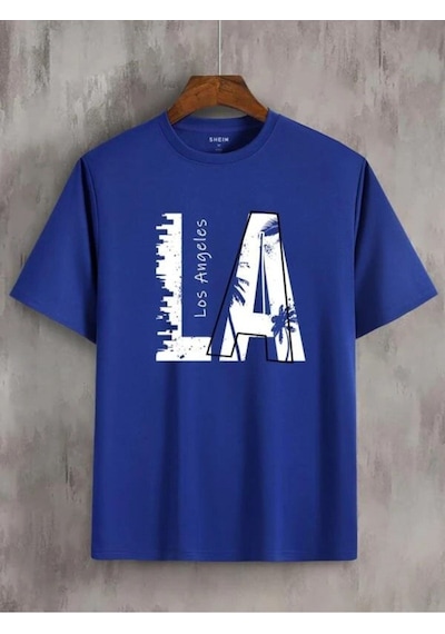 Flood Of Style Erkek Siyah La Baskılı Oversize Bisiklet Yaka Tshirt