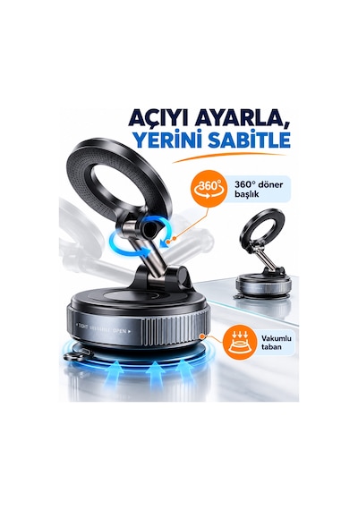 K007 Vakumlu Vantuzlu Manyetik Araç Telefon Tutucu Alüminyum Alaşım Katlanabilir Çok Açılı Torpido Cam Uyumlu Güçlü Mıknatıslı