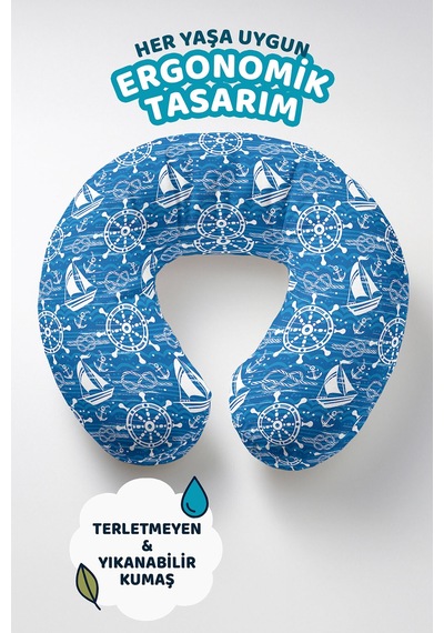 Denizci Temalı Pamuklu Boyun Yastığı - Marin Desen Mavi Beyaz Yetişkin Seyahat Yastığı Doygun Lavanta Lime
