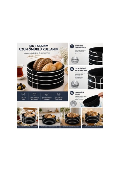 Gümüş Detaylı Galvaniz Metal Bezli Yuvarlak Ekmek Sepeti 22x11 Cm Yıkanabilir Kumaşlı Modern Şık Sunumluk Gümüş Metal Siyah Gümüş Detaylı Galvaniz Metal Bezli Yuvarlak Ekmek Sepeti 22x11 Cm Yıkanabilir Kumaşlı Modern Şık Sunumluk Gümüş Metal Siyah