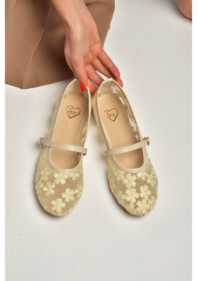 Fox Shoes Y726711415 Bej File Çiçek Motif İşlemeli Kadın Babet Bej